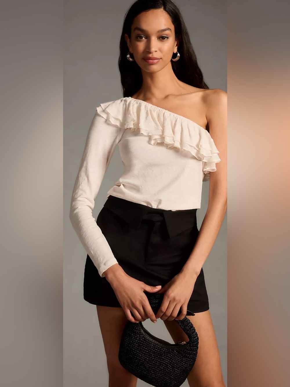 Anthropologie One-Shoulder Ruffle Long-Sleeve Top in Ivory